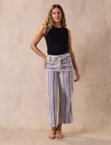 Pantalón de lino a rayas verticales en tonos azul, beige y blanco, con corte wide leg, pretina con pasadores, cierre y botón. Incluye cinturón de soga con hebilla redonda.