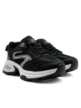 Championes deportivos para mujer Santa Barbara modelo Stride, color negro con detalles en gris y suela chunky blanca.