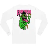 Remera de manga larga color blanco, con estampa frontal pequeña en el pecho con el logo de la marca en tonos rosa y verde, y estampa grande en la espalda con diseño gráfico inspirado en Slimer.