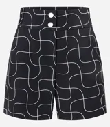 Short de vestir negro con estampado de líneas curvas blancas, de corte recto y cintura alta.