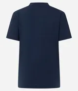 Remera de algodón color azul marino, con cuello redondo, mangas cortas y un bordado frontal en color blanco con diseño simétrico de motivos florales.