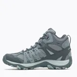 Bota de trekking Merrell modelo Accentor 3 Mid WP, color gris con detalles en azul claro. Confeccionada en ante y malla impermeable, cuenta con puntera protectora de goma, entresuela de espuma EVA para mayor estabilidad y suela de goma adherente para tracción en terrenos difíciles.
