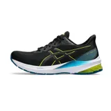 Championes de running Asics modelo GT-1000 12, color negro con detalles en amarillo fluor y celeste, entresuela blanca y suela azul.