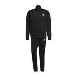 Conjunto deportivo Adidas para hombre, compuesto por una campera con cierre frontal y cuello alto, y un pantalón de corte ajustado. Ambas piezas son de color negro y presentan el logo de la marca bordado en blanco.