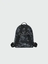 Mochila Longchamp Le Pliage de denim azul con estampado de caballos blancos.