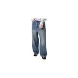 Jeans de mezclilla de corte recto y tiro medio, en color azul claro con efecto deslavado en las rodillas.