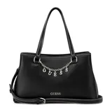 Cartera Guess modelo Angelica de color negro, confeccionada en material sintético con costuras en contraste y herrajes plateados. Cuenta con doble asa superior, correa ajustable y desmontable, y un detalle de cadena metálica colgante con las letras de la marca.