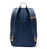 Mochila urbana de 30 litros con dos compartimentos principales, funda acolchada con forro polar para laptop de hasta 15 pulgadas, bolsillos laterales para botellas y base acolchada. Presenta un diseño en azul con detalles en beige y logo de la marca en el frente.