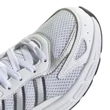 Championes deportivos Adidas modelo Eclyptix 2000, color blanco con detalles en azul marino y plateado. Presentan una estructura de malla transpirable con refuerzos sintéticos, cordones blancos y suela de goma con amortiguación.