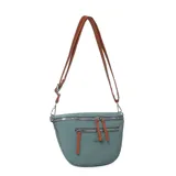 Riñonera color beige con correa marrón desmontable, bolsillo frontal con cierre y logo de la marca.