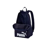 Mochila Puma Phase color azul marino con logo blanco estampado. Cuenta con un compartimento principal con cierre, un bolsillo frontal con cierre, correas acolchadas ajustables y un bolsillo lateral de malla.
