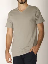 Remera gris de manga corta con escote en V, confeccionada en 100% algodón.