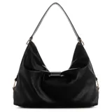 Cartera tipo hobo de Guess en color negro, confeccionada en material sintético con textura granulada. Cuenta con una manija superior para llevar al hombro, herrajes metálicos en tono dorado y una gran hebilla frontal decorativa con la letra "G" característica de la marca.