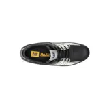 Sneaker de estilo chunky para mujer, con capellada de cuero negro y detalles en material metalizado plateado con textura. Cuenta con una suela de plataforma blanca de gran volumen y base de goma negra.
