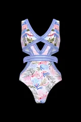 Body de biquini con estampado de corales y flores, con recortes en la cintura y escote en V.