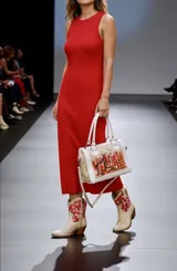 Cartera Diri de cuero natural uruguayo, en tonos marfil y arena, con intervención artística pintada a mano en el frente con pinceladas en rojos, terracotas y dorados. Cuenta con estructura firme, herrajes metálicos en acabado oro viejo, cierres, manijas ergonómicas y correa regulable desmontable.