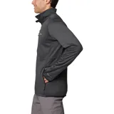 Buzo polar Columbia modelo Park View, color gris oscuro, con cierre frontal completo, cuello alto, bolsillos laterales y en el pecho con cierre, y puños con orificios para el pulgar.