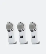 Kit de tres pares de medias invisibles blancas con talón y puntera en gris, con logo de Wilson en el tobillo y rayas horizontales en el empeine.