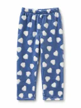 Pantalon de pijama de tela plush suave, con estampado de corazones blancos sobre fondo azul, cintura elastizada.