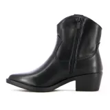 Bota tejana de caña baja color negro, con taco cuadrado y costuras decorativas en la parte superior.