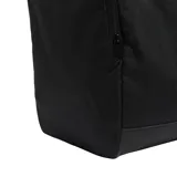 Bolso deportivo Adidas negro con logo blanco estampado. Cuenta con doble asa de mano, correa ajustable para el hombro, compartimento independiente para calzado, bolsillos laterales y en los extremos con cremallera, y bolsillos interiores con y sin cierre.