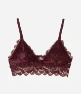 Soutien bralette tipo top de encaje floral color bordó, con diseño triangular y breteles finos regulables.