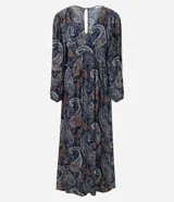 Vestido midi Marfinno confeccionado en viscosa, con estampado paisley en tonos azules y marrones. Presenta escote en V, mangas largas con volumen y recorte en la cintura.