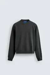 Sudadera de corte relajado con efecto lavado, confeccionada en algodón con interior de rizo. Presenta cuello redondo, manga larga raglán y acabados en rib.