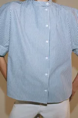 Camisa de algodón con estampado de rayas verticales azules y blancas. Presenta cuello mao, cierre frontal con botones a contraste y mangas cortas abullonadas con puños rectos.