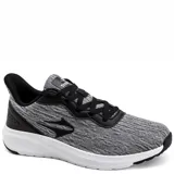 Championes deportivos Topper modelo Core Running, con capellada de tejido técnico jaspeado en tonos gris y negro, refuerzos sintéticos laterales y en talón, cordones negros y suela de goma blanca con base negra.