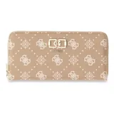 Billetera rectangular Guess con cierre perimetral, confeccionada en material sintético color marrón con estampado de monograma y detalles en tono crema. Presenta un aplique metálico dorado con el logo de la marca en la parte frontal.