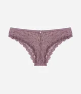 Bombacha tipo bikini de encaje lila con diseño floral, con cintura elástica y un pequeño moño decorativo con aplique en el centro.
