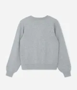 Cardigan gris de punto con cuello redondo, manga larga ajustada y bajo ajustado. Cierre frontal con botones.