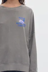 Buzo de felpa sin frisa color terracota con efecto washed, cuello redondo y fit relajado. Presenta un pequeño estampado azul en el pecho.