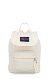 Mochila mini JanSport Highlands, color rosa pálido, con asa superior, bolsillo frontal con cierre y logo de la marca en el frente.