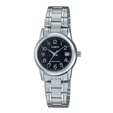 Reloj analógico Casio con caja y malla de acero inoxidable plateado, esfera negra con números arábigos y calendario de fecha a las 3.