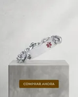Pulsera de eslabones tipo grumet de acero inoxidable, con placa central lisa y símbolo médico de la estrella de la vida en color rojo.