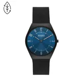 Reloj Skagen de diseño ultrafino con caja de acero inoxidable negra de 37mm de diámetro y malla metálica negra de 22mm de ancho. Esfera azul con movimiento de cuarzo de dos agujas y cristal de zafiro. Resistente al agua hasta 30 metros.