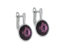 Aros colgantes tipo caravana de plata 925 con cristal de Swarovski Elements redondo color violeta.