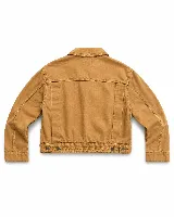Chaqueta de twill color tostado con cierre frontal, cuello camisero y bolsillos frontales con solapa. Presenta costuras reforzadas visibles y un diseño de estilo utilitario.