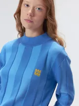 Sweater de punto con cuello polera, diseño de rayas verticales en tonos azules y logo bordado en color amarillo en el pecho. Cuenta con puños y bajo ajustados.