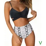 Conjunto de bikini de dos piezas de la marca Uniteduy, compuesto por un crop top amarillo liso con diseño cruzado y tirantes finos, y una bombacha de tiro alto con estampado floral y de hojas en tonos amarillos, verdes y blancos.