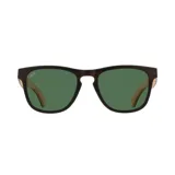 Lentes de sol con marco de madera color marrón y patillas de madera clara. Lentes verdes.