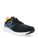 Championes de running New Balance modelo 411 V3, color negro con detalles en azul y amarillo. Presentan una estructura ligera de malla transpirable, suela con tecnología EVA Ground Contact para mayor amortiguación y almohadillas de goma para mejorar el agarre.