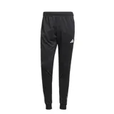 Pantalón deportivo Adidas modelo Tiro Esencial, color negro con las icónicas tres tiras blancas laterales y logo de la marca bordado en el muslo. Presenta corte ajustado, cintura elástica con cordón y puños acanalados en los tobillos.