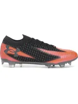 Championes de fútbol Under Armour modelo UA Shadow Elite 3 FG, diseñados para velocidad y agilidad en superficies de terreno firme. Presentan una parte superior textil UA IntelliKnit en color negro con degradado naranja y detalles multicolores, con el logotipo de la marca en el lateral y suela exterior de fibra de carbono con tapones.
