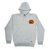 Canguro con capucha gris de corte clásico, con bolsillo frontal tipo canguro y cordones ajustables. Presenta un parche estampado en el pecho con el logo de Independent Truck Co. en color naranja.