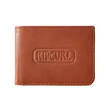 Billetera marrón de cuero sintético con logo Rip Curl grabado en el frente.