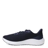 Championes de running Under Armour con tecnología Charged Cushioning en la entresuela. Presentan un diseño en color negro con detalles en azul brillante y el logo de la marca en blanco en el lateral. Confeccionados en tejido de malla transpirable con suela de goma resistente.