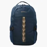 Mochila Merrell de 25 litros, color azul marino, con diseño funcional y resistente. Presenta una tira central decorativa en tono beige, compartimento principal con cierre y correas ajustables.